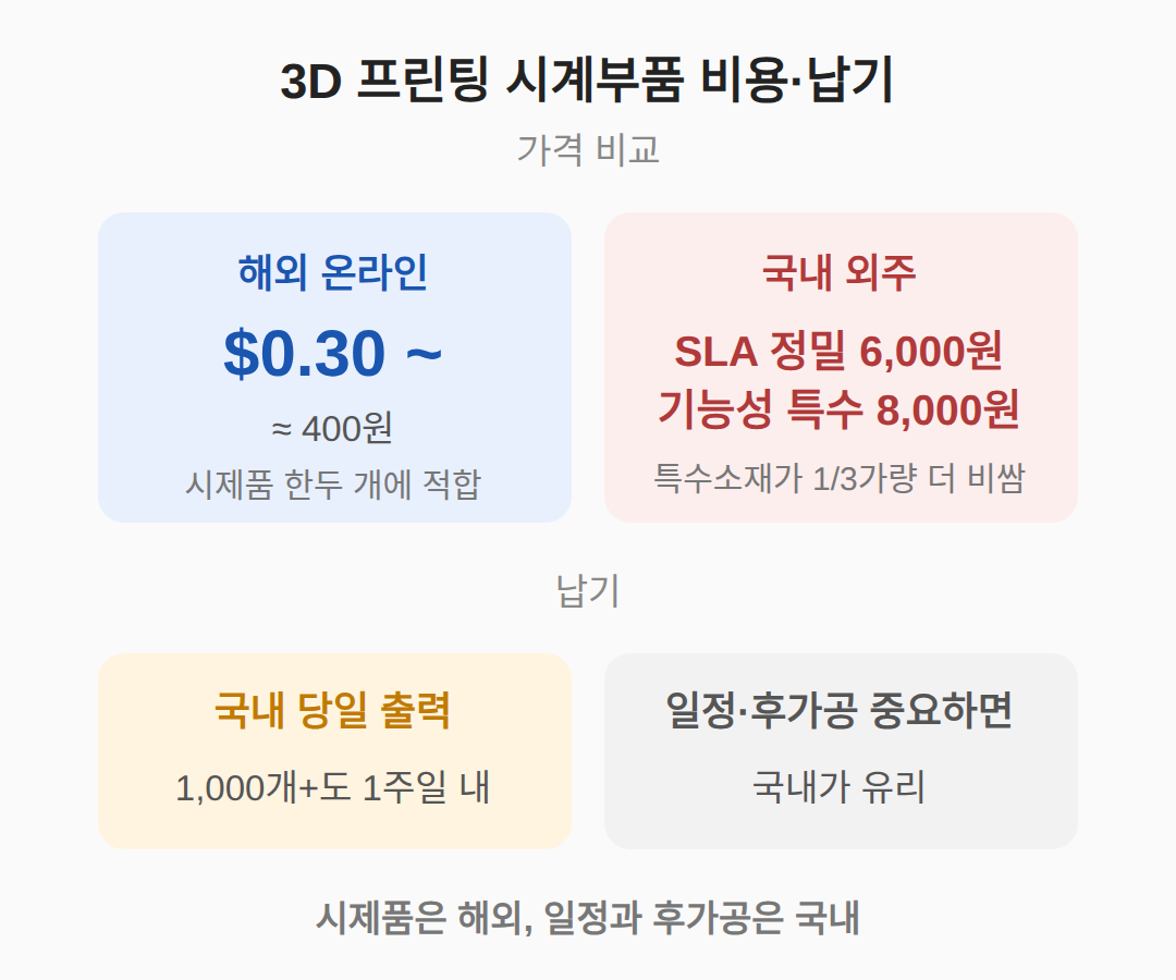 비용과 납기 — 0.30달러부터 개당 6,000원까지