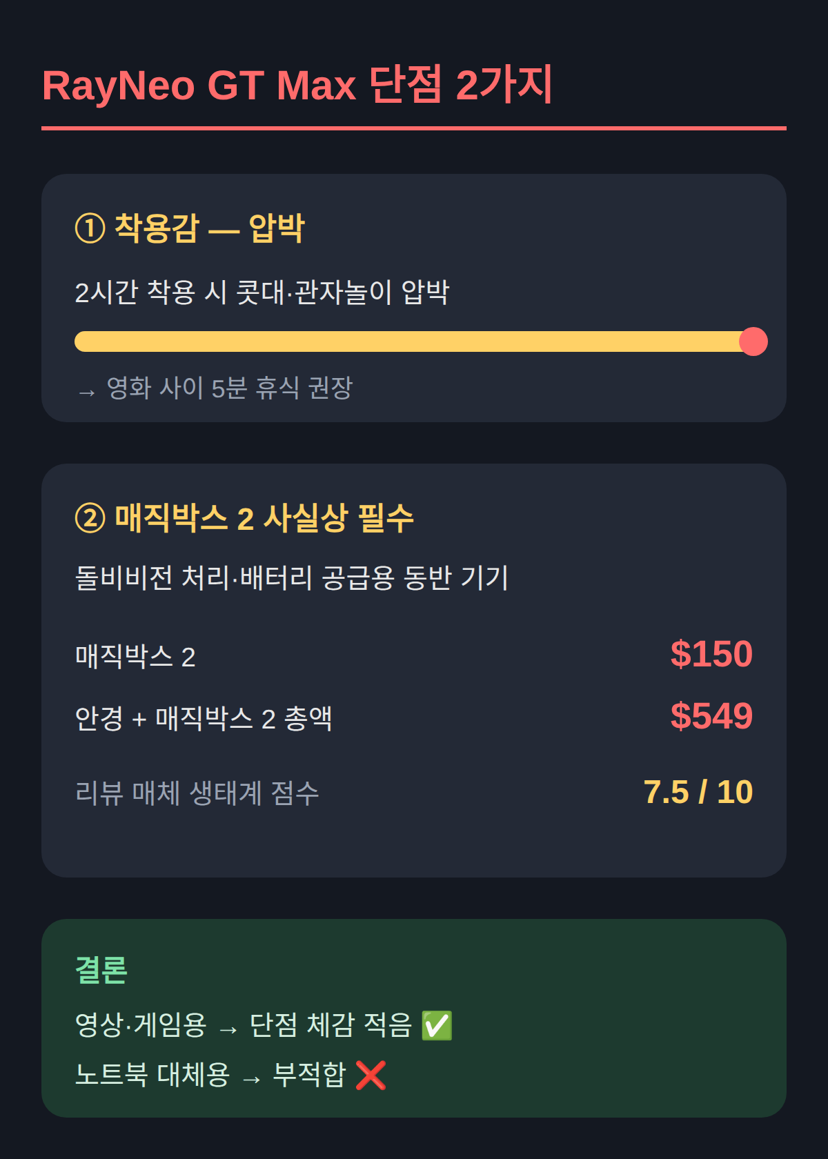 RayNeo GT Max 단점 — 착용감과 매직박스 추가 비용